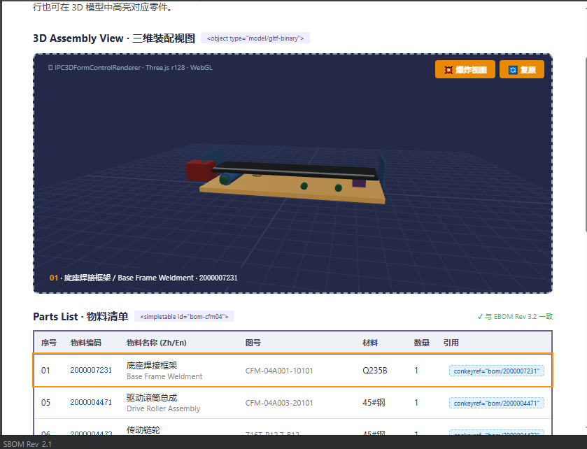 RapidAuthor 集成与 DITA 管理界面演示：3D 模型、物料清单与 EBOM 同步